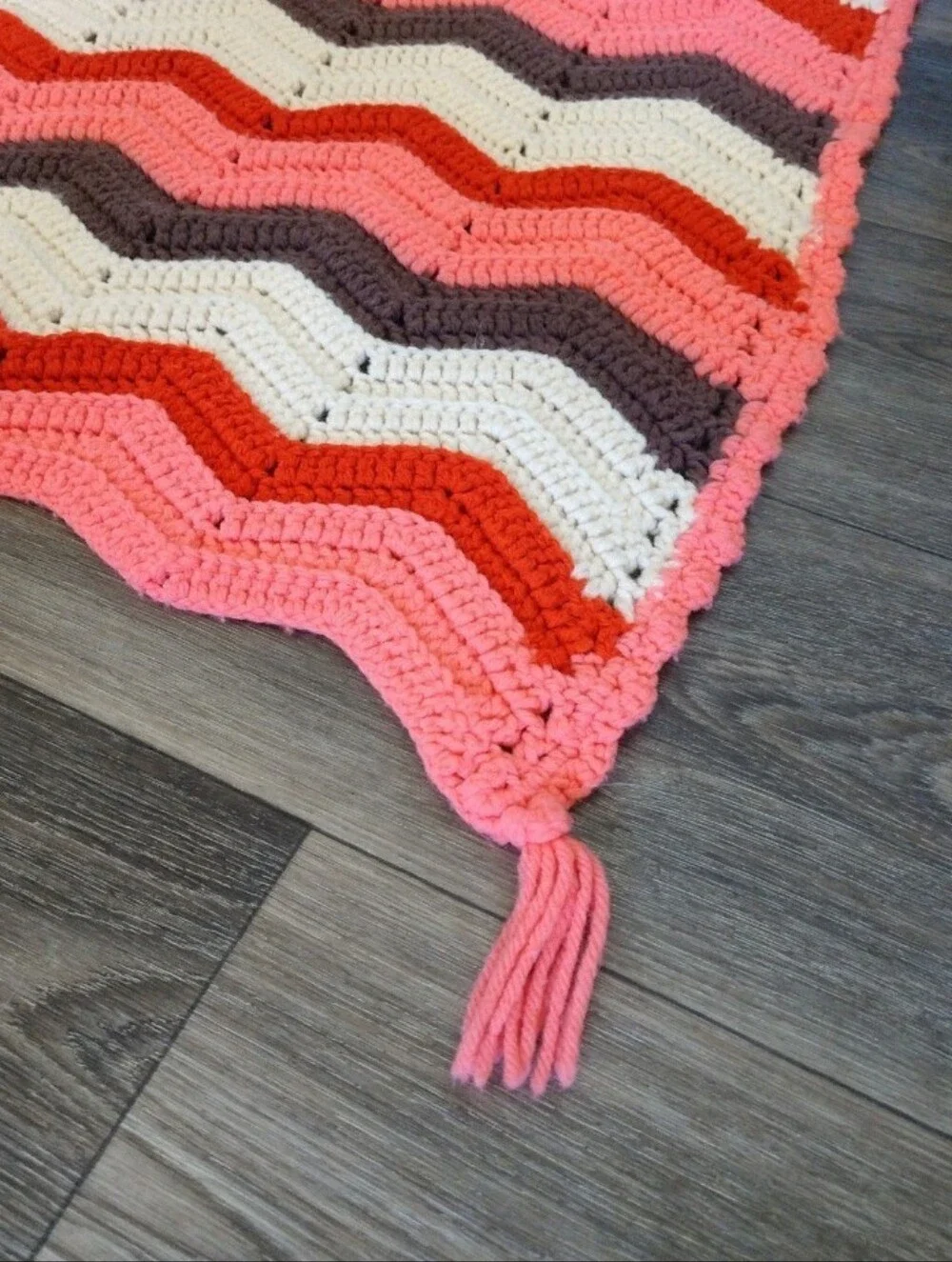 VTG Crocheted Afghan Blanket 56”x59”  Rust  Cherry Bubblegum Pink Iconic Tv Set